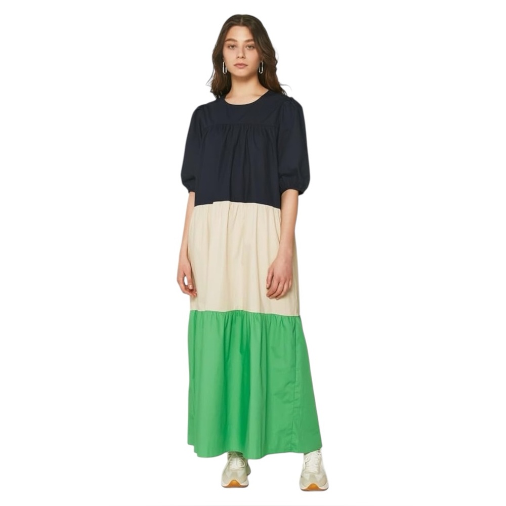 Compania Fantastica - Green tricolor maxi dress with multicolored ruffles Medium